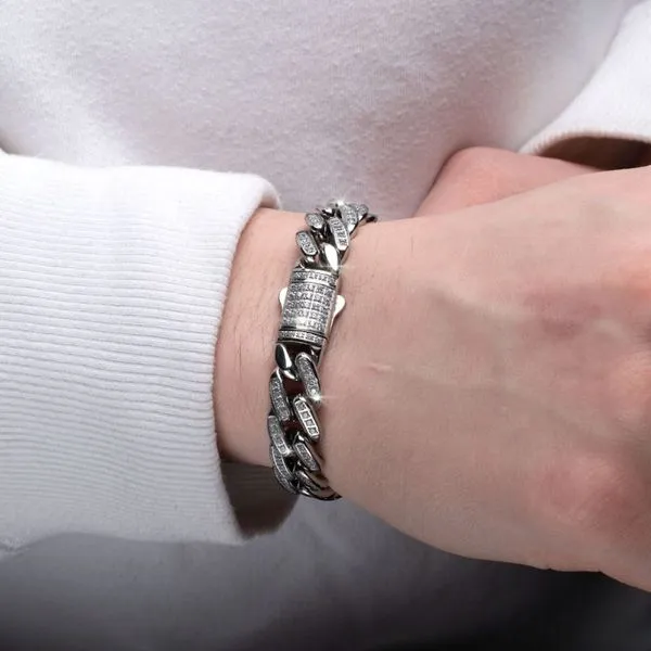 12mm Steel Miami Cuban Chain Bracelet with CNC Precision Set Full Clear Lab-grown Diamonds Image 5 Thomas A. Davis Jewelers Holland, MI