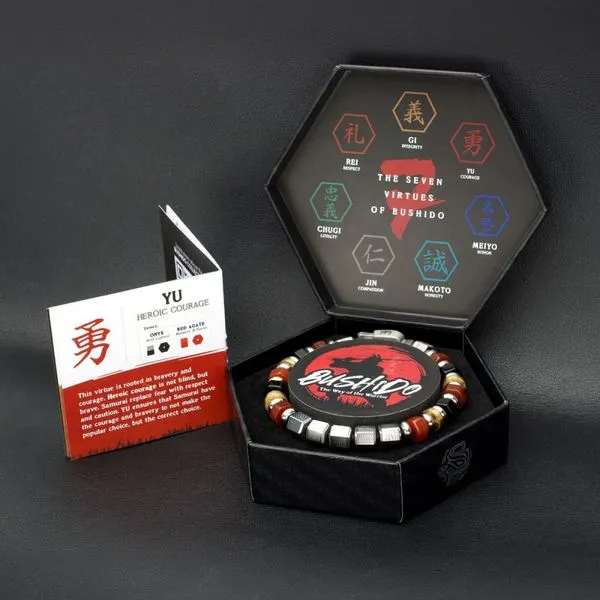 8mm Mokume Gane, Red Agate and Onyx Beads Bushido Virtue Bracelet - YU: Heroic Courage Image 5 Alan Miller Jewelers Oregon, OH