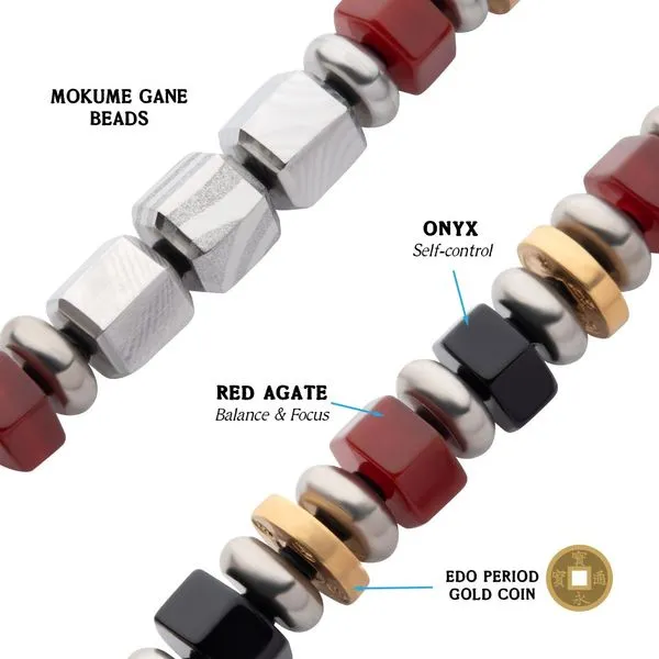 8mm Mokume Gane, Red Agate and Onyx Beads Bushido Virtue Bracelet - YU: Heroic Courage Image 3 Alan Miller Jewelers Oregon, OH