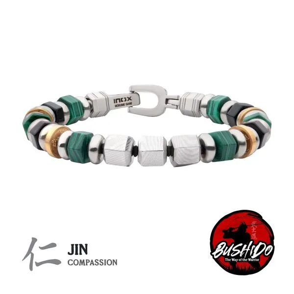 8mm Mokume Gane, Malachite and Onyx Beads Bushido Virtue Bracelet - JIN: Compassion Alan Miller Jewelers Oregon, OH