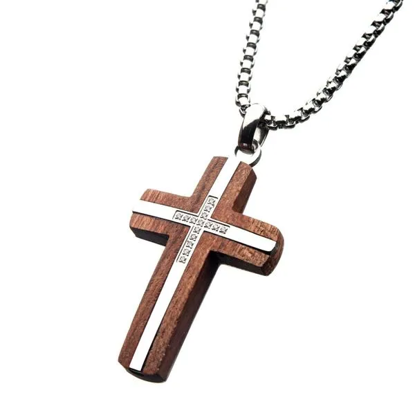 Bubinga Wood & Steel Cross Pendant with 15pcs 1mm Genuine Clear Diamonds Image 3 Cellini Design Jewelers Orange, CT