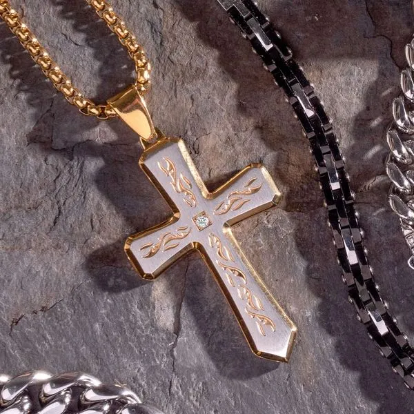 18Kt Gold IP Tribal Cross Pendant with 2mm Lab-grown Diamond Image 4 Alan Miller Jewelers Oregon, OH