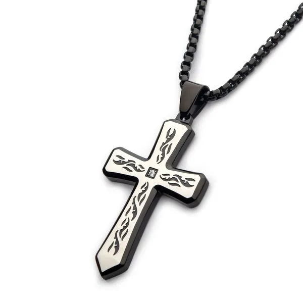 Black IP Tribal Cross Pendant with 2mm Lab-grown Diamond Image 2 Ask Design Jewelers Olean, NY