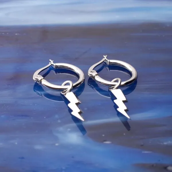 Stainless Steel Hoop Earrings with Lightning Bolt Charm Image 4 Morin Jewelers Southbridge, MA