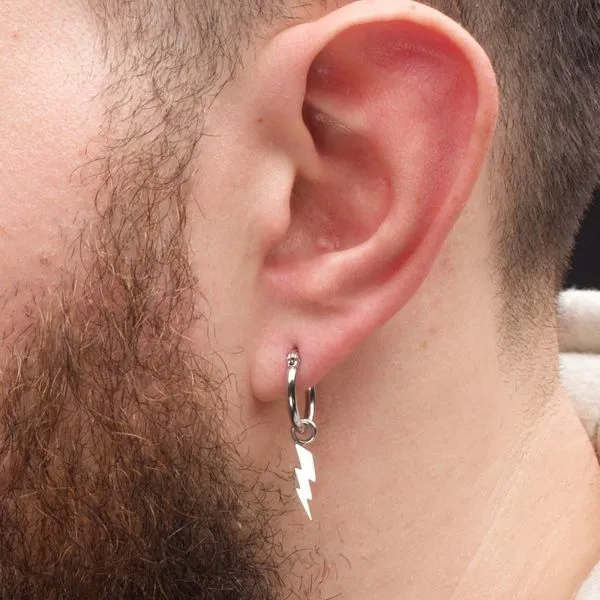 Stainless Steel Hoop Earrings with Lightning Bolt Charm Image 5 Morin Jewelers Southbridge, MA