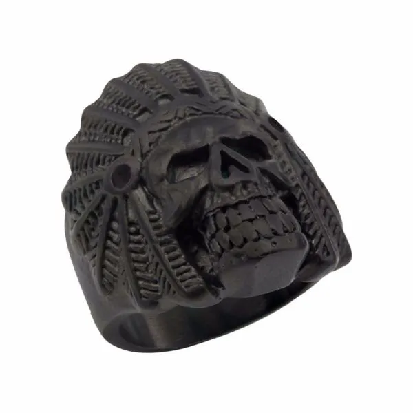 Black IP Steel Chief Indian Skull Head Ring Rihner's Jewelry Gretna, LA