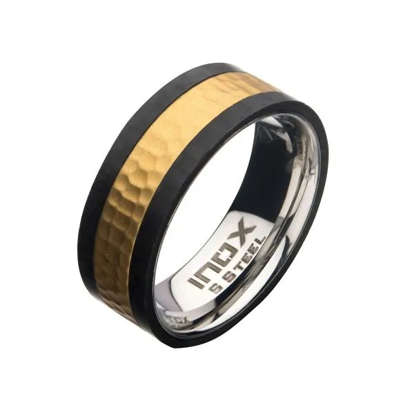 Stainless Steel & Carbon Fiber with Gold IP Hammered Ring Alan Miller Jewelers Oregon, OH