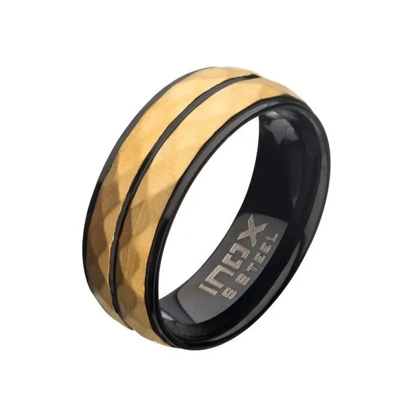 Stainless Steel with Matte Black & Gold IP Double Hammered Ring Alan Miller Jewelers Oregon, OH