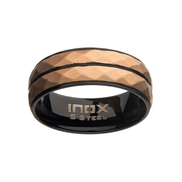 Stainless Steel with Matte Black & Rose Gold IP Double Hammered Ring Image 2 Morin Jewelers Southbridge, MA