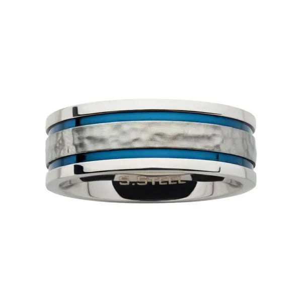 8mm Hammered Steel Center Comfort Fit Ring with Thin Blue IP Lines Image 2 Alan Miller Jewelers Oregon, OH