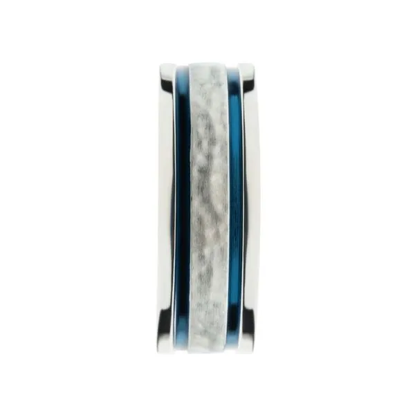 8mm Hammered Steel Center Comfort Fit Ring with Thin Blue IP Lines Image 3 Cellini Design Jewelers Orange, CT