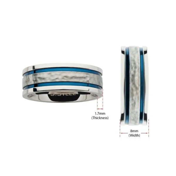 8mm Hammered Steel Center Comfort Fit Ring with Thin Blue IP Lines Image 4 Banks Jewelers Burnsville, NC
