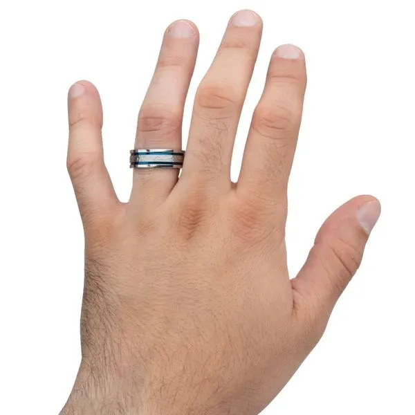 8mm Hammered Steel Center Comfort Fit Ring with Thin Blue IP Lines Image 5 Banks Jewelers Burnsville, NC