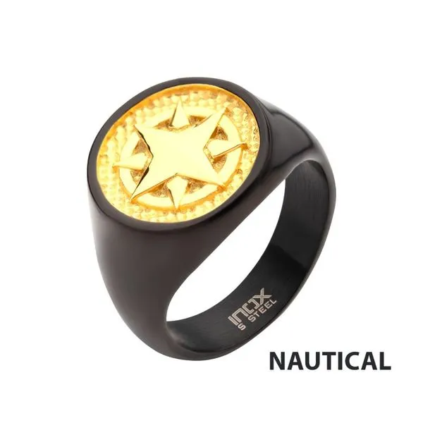 18Kt Gold IP Wayfinder Compass Black IP Signet Ring Miner's Den Jewelers Royal Oak, MI