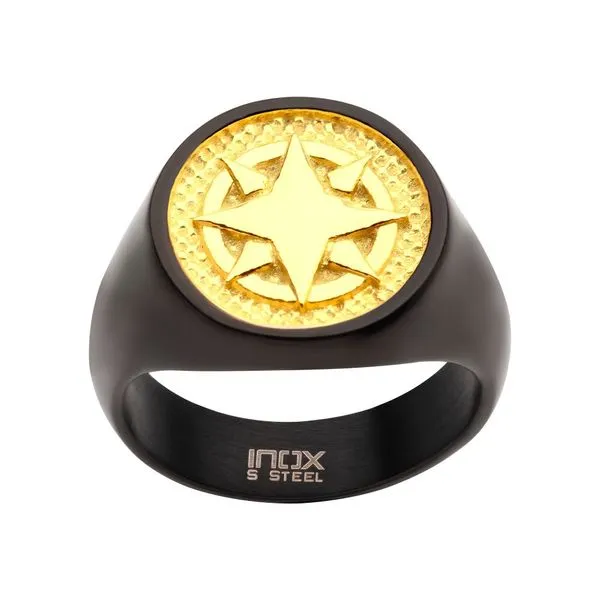 18Kt Gold IP Wayfinder Compass Black IP Signet Ring Image 2 Timmreck & McNicol Jewelers McMinnville, OR