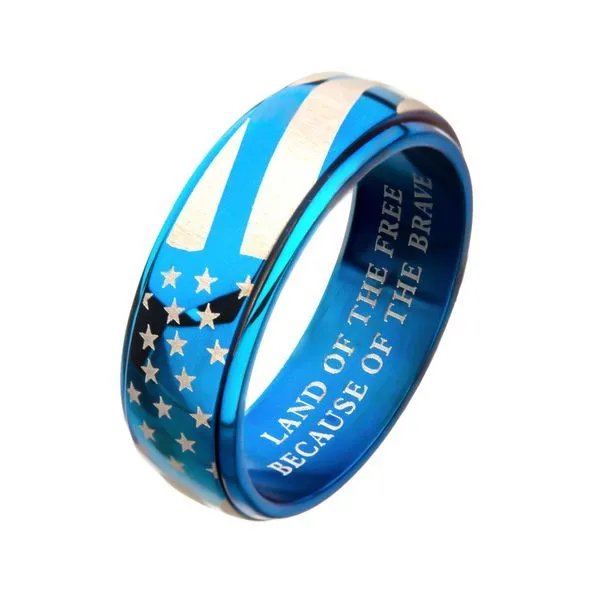 Steel & Blue IP Spinner American Flag Pride Rings Image 3 Alan Miller Jewelers Oregon, OH