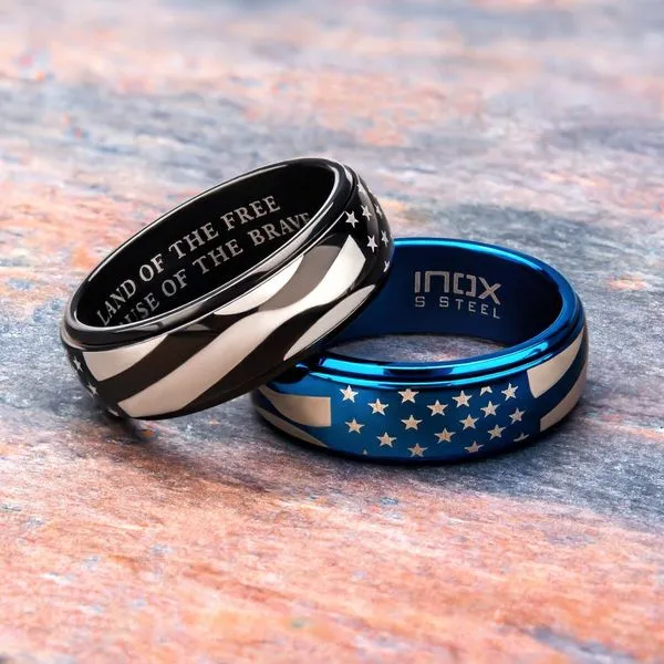 Steel & Blue IP Spinner American Flag Pride Rings Image 4 Alan Miller Jewelers Oregon, OH