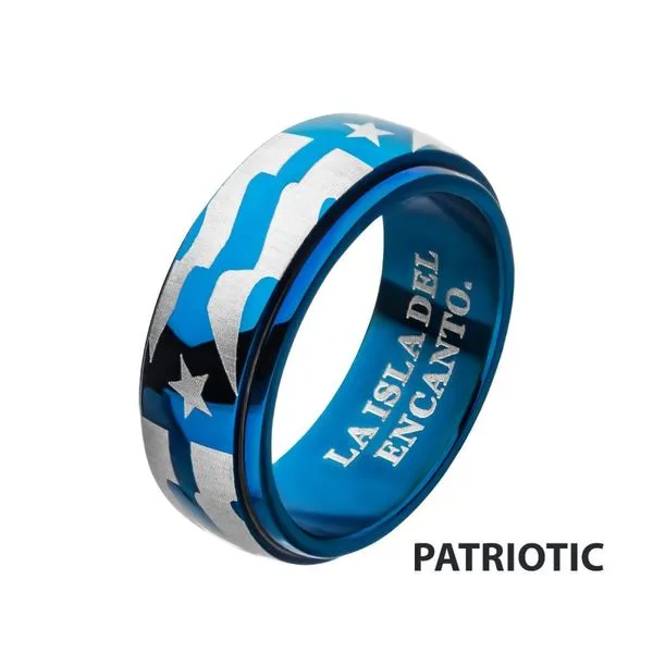 Stainless Steel & Blue IP Puerto Rico Flag Spinner Ring Spath Jewelers Bartow, FL