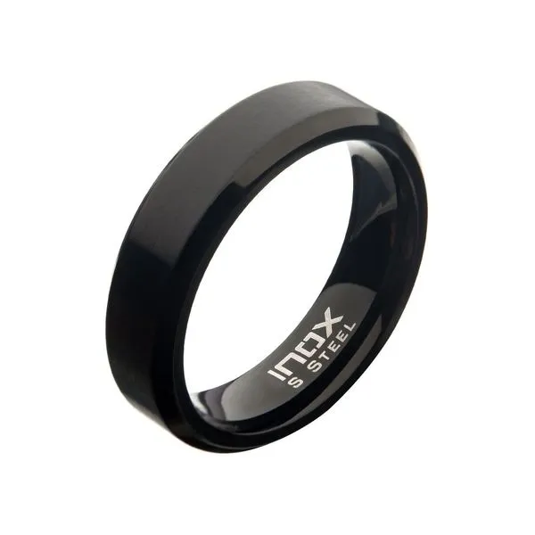 6mm Matte Stainless & Black IP Beveled Wedding Band Ring Alan Miller Jewelers Oregon, OH