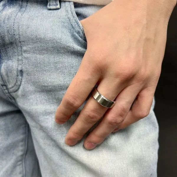 8mm Matte Finish Stainless Steel Beveled Comfort Fit Ring Image 4 Banks Jewelers Burnsville, NC