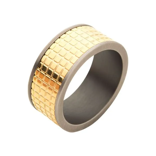 Gun Metal IP with 18Kt Gold IP Grid Inlay Ring Spath Jewelers Bartow, FL