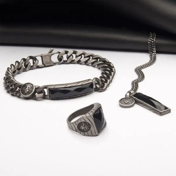 Matte Finish Gun Metal IP with African Lion Sigil & Faceted Black Agate Stone Signet Ring Image 4 Valentine's Fine Jewelry Dallas, PA
