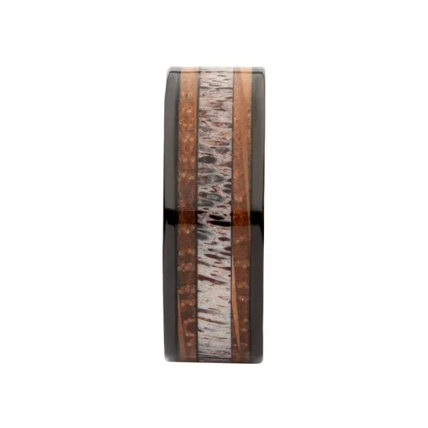 Black IP Stainless Steel Deer Antler Sapele Wood Inlay Stag Comfort Fit Ring Image 3 Daniel Jewelers Brewster, NY