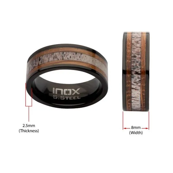 Black IP Stainless Steel Deer Antler Sapele Wood Inlay Stag Comfort Fit Ring Image 4 Daniel Jewelers Brewster, NY