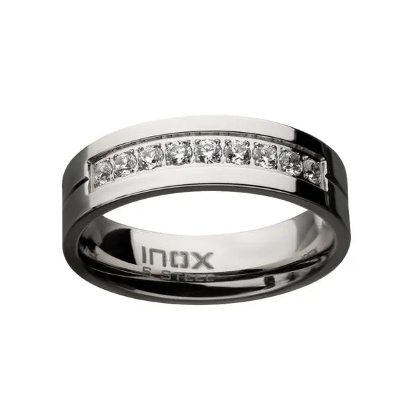 Stainless Steel Polished Steel Comfort-Fit Band with CZ's in Bead Channel Setting Ring Image 2 Spath Jewelers Bartow, FL