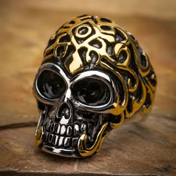 Oxidized Stainless Steel & Gold IP Skull Ring Image 4 Crews Jewelry Grandview, MO