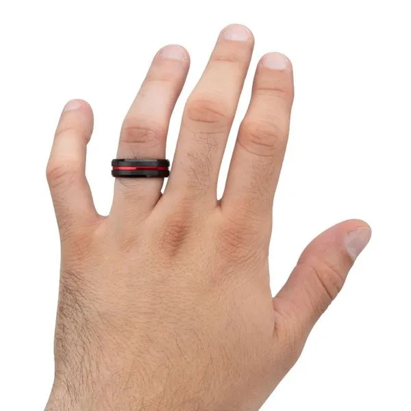 Red Aluminum Inlay Black IP Steel Beveled Comfort Fit Ring Image 5 Alan Miller Jewelers Oregon, OH