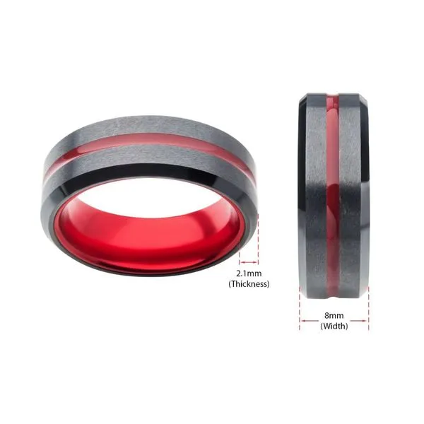 Red Aluminum Inlay Black IP Steel Beveled Comfort Fit Ring Image 4 Alan Miller Jewelers Oregon, OH