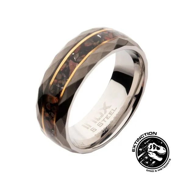 Gun Metal IP Steel Matte Finish Dinosaur Bone Inlay & Thin 18K Gold IP Lines Comfort Fit Ring Rihner's Jewelry Gretna, LA