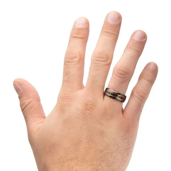 Gun Metal IP Steel Matte Finish Dinosaur Bone Inlay & Thin 18K Gold IP Lines Comfort Fit Ring Image 4 Rihner's Jewelry Gretna, LA