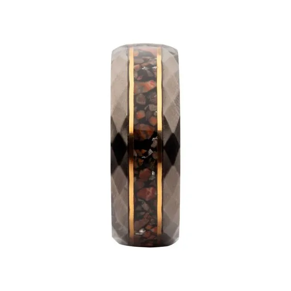 Gun Metal IP Steel Matte Finish Dinosaur Bone Inlay & Thin 18K Gold IP Lines Comfort Fit Ring Image 3 Thomas A. Davis Jewelers Holland, MI
