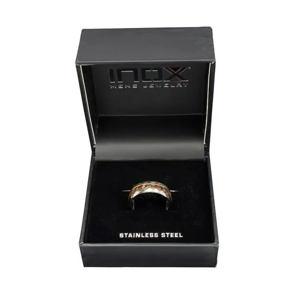 Gun Metal IP Steel Matte Finish Dinosaur Bone Inlay & Thin 18K Gold IP Lines Comfort Fit Ring Image 5 Thomas A. Davis Jewelers Holland, MI