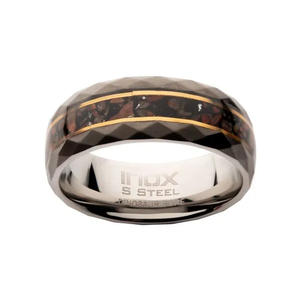 Gun Metal IP Steel Matte Finish Dinosaur Bone Inlay & Thin 18K Gold IP Lines Comfort Fit Ring Image 2 Timmreck & McNicol Jewelers McMinnville, OR