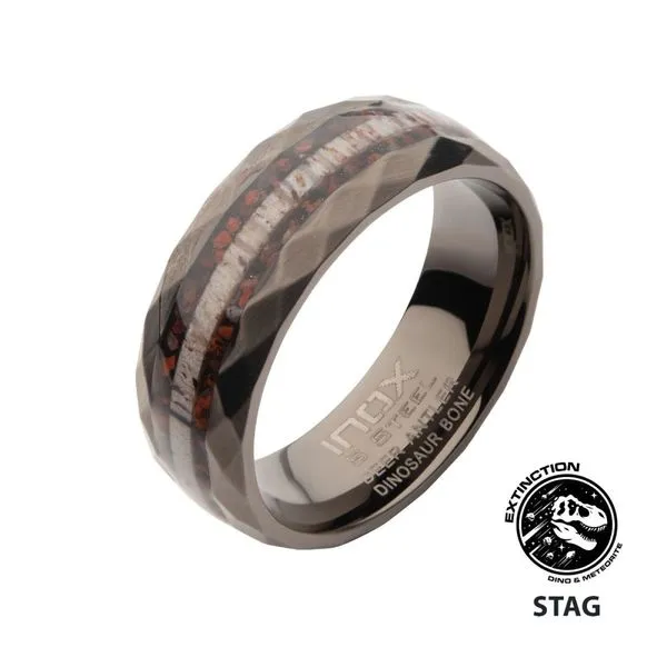 Gun Metal IP Steel Matte Finish Dinosaur Bone & Deer Antler Inlay Comfort Fit Ring Alan Miller Jewelers Oregon, OH