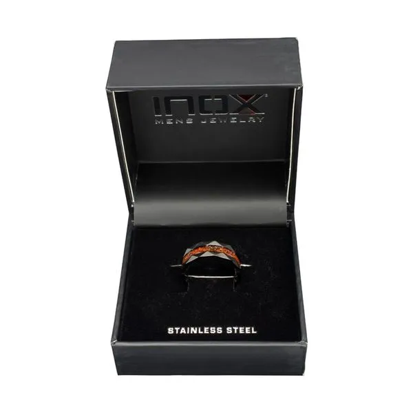 Black IP Steel Red Dinosaur Bone Inlay Comfort Fit Ring Image 5 Alan Miller Jewelers Oregon, OH