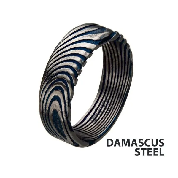 Damascus 7mm Matte Blue IP Ring Alan Miller Jewelers Oregon, OH