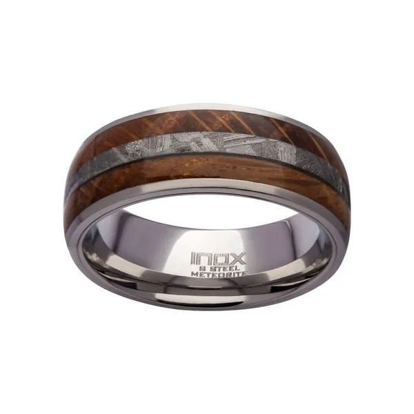 8mm Wood & Meteorite Inlay Steel Comfort Fit Ring Image 2 Cellini Design Jewelers Orange, CT