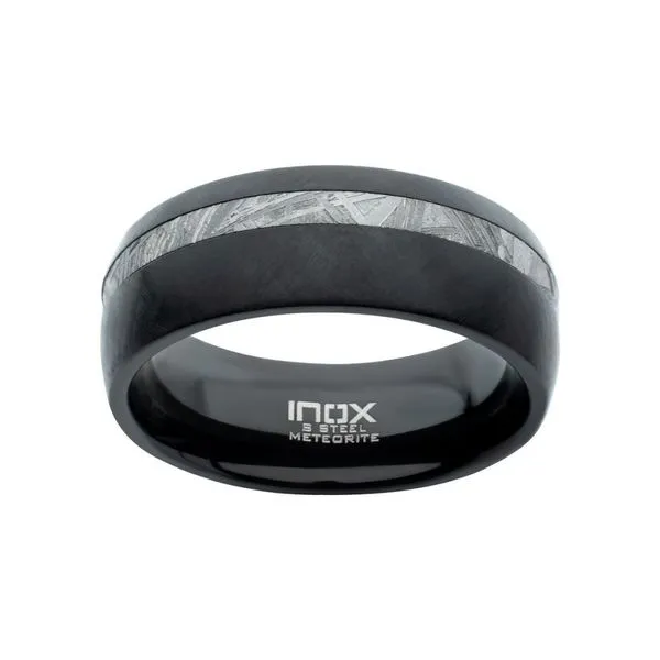 8mm Black IP Comfort Fit Ring with 2mm Meteorite Inlay Image 2 Alan Miller Jewelers Oregon, OH