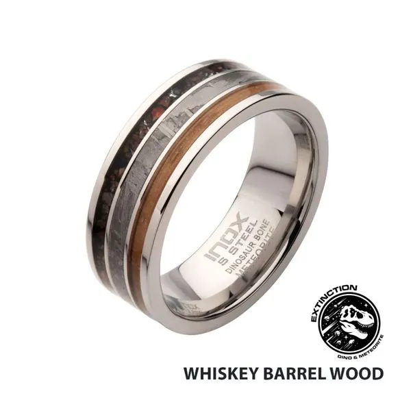Matte Finish Black Dinosaur Bone, Meteorite & Whiskey Barrel Wood Inlay Comfort Fit Ring Spath Jewelers Bartow, FL