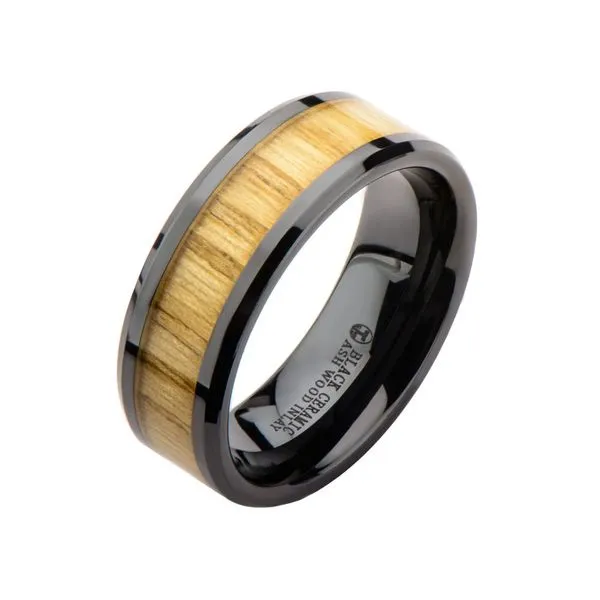 Stainless Steel 8.0mm Ash Wood Inlay Beveled Edge in Black Ceramic Band Ring Ask Design Jewelers Olean, NY