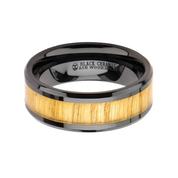 Stainless Steel 8.0mm Ash Wood Inlay Beveled Edge in Black Ceramic Band Ring Image 2 Carroll's Jewelers Fort Lauderdale, FL
