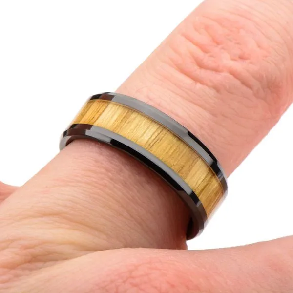Stainless Steel 8.0mm Ash Wood Inlay Beveled Edge in Black Ceramic Band Ring Image 3 Carroll's Jewelers Fort Lauderdale, FL