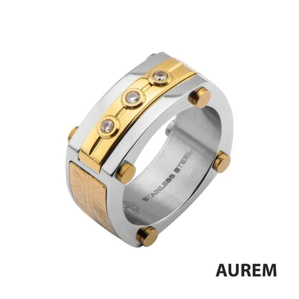 0.02 Carat Clear Genuine Diamond Gold IP Steel Intricate Carved Pattern Ring Cellini Design Jewelers Orange, CT