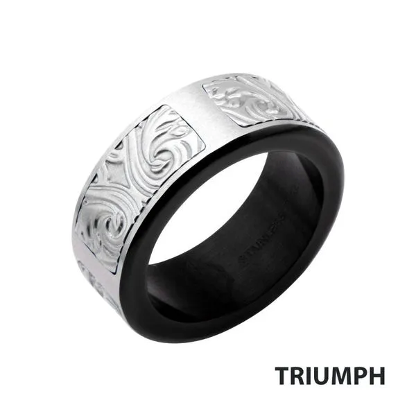 Black IP Steel Scroll Pattern Ring Banks Jewelers Burnsville, NC