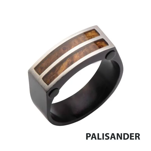 Polished Finish Black IP with Brazilian Palisander Rose Wood Accent Ring Cellini Design Jewelers Orange, CT