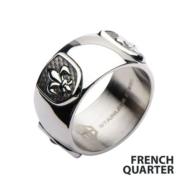 Polished Steel Finish Fleur de Lis Accent Mounted on a Brushed Gun Metal IP Ring Timmreck & McNicol Jewelers McMinnville, OR